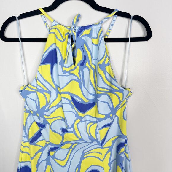 J McLaughlin XS Blue Yellow Catalina Cloth Halter Mini Dress Geometric Printed - Picture 9 of 10